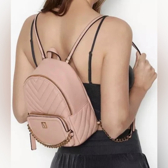Victoria's Secret Handbags - Victoria's Secret Pink Quilted w/ Gold Chain Mini-Backpack Purse Pink Puffy